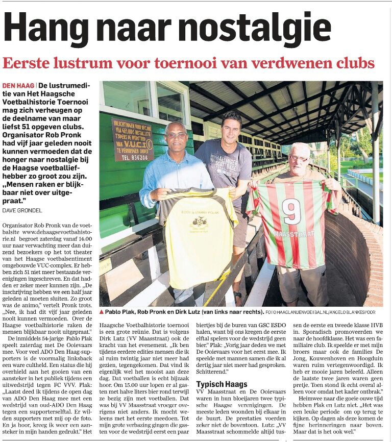 Artikel in AD/HC van vandaag 22 augustus 2014 over het Haagse Voetbalhistorie Toernooi 2014